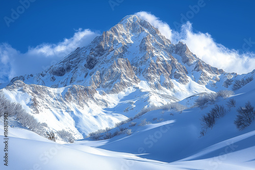 Photo réaliste  d’un sommet majestueux d’une montagne enneigée sous un ciel bleu clair, avec une neige blanche immaculée scintillant au soleil, créant une scène époustouflante de beauté naturelle photo