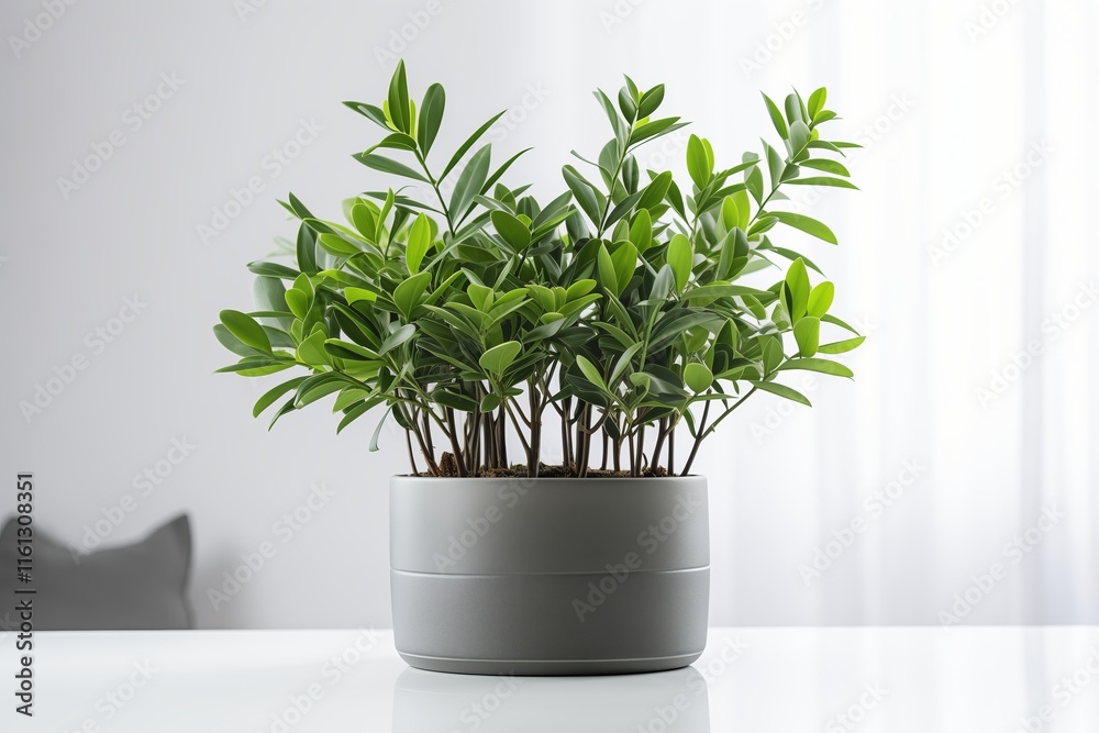 Fototapeta premium A lush green plant in a modern pot, adding freshness and vibrancy to a stylish indoor space.