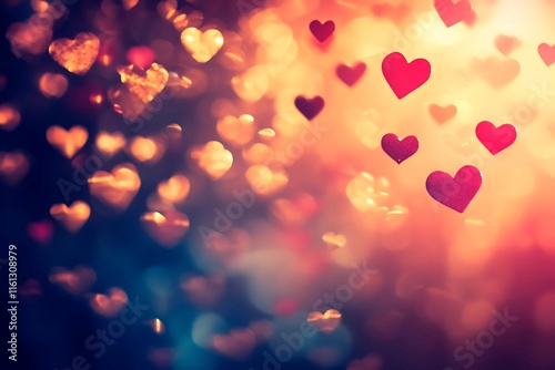 An abstract Valentine's Day background filled with swirling hearts in vibrant reds and pinks, evoking love and romance in a dreamy design.