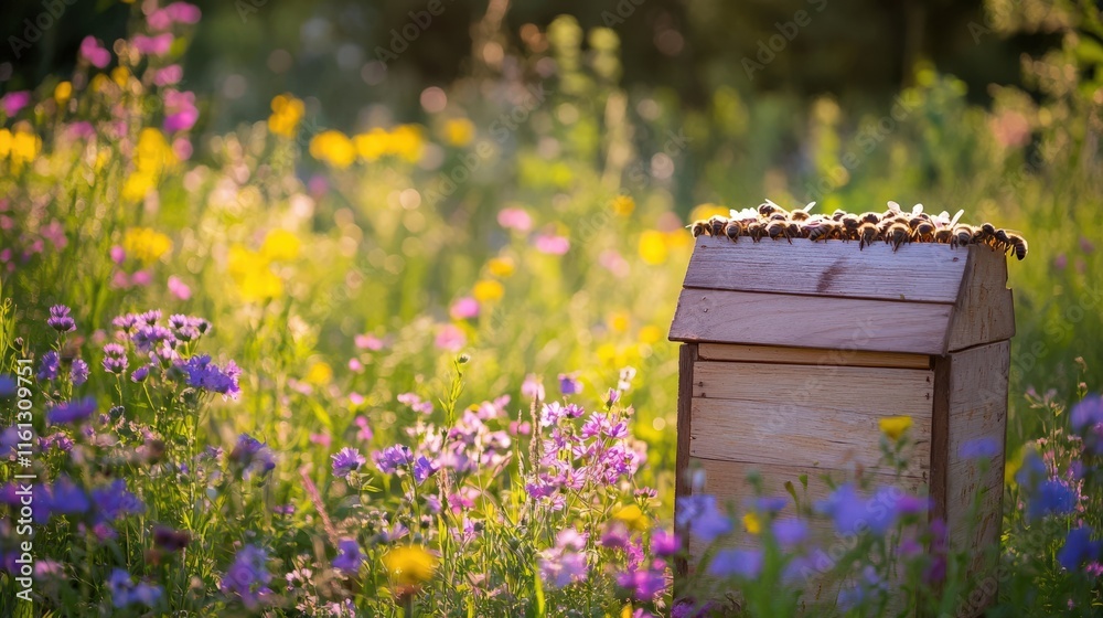 A beautiful wooden beehive in a colorful wildflower field, surrounded by vibrant blooms under soft sunlight.