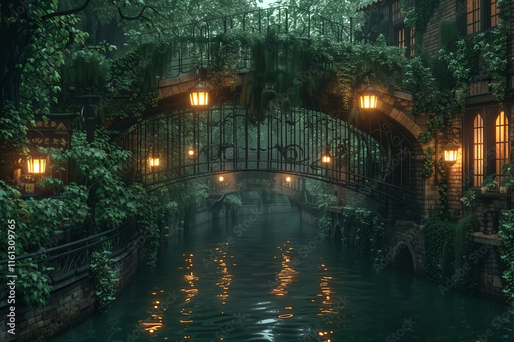 Fototapeta premium A serene and enchanting view of a lush green bridge illuminated by lamps, reflecting on a tranquil waterway.