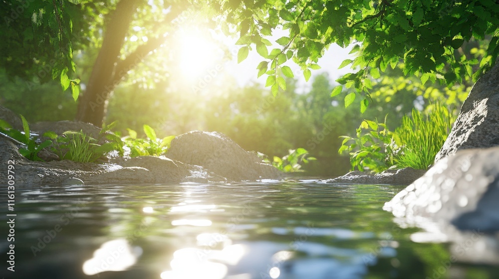 Naklejka premium Tranquil River Scene Under Bright Sunlight