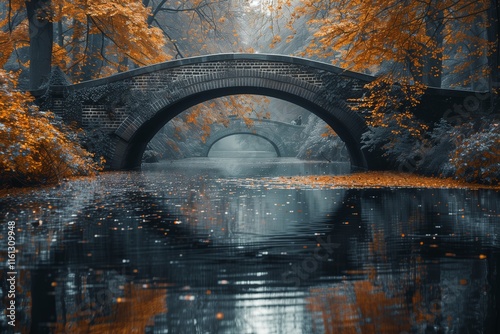 A serene autumn landscape featuring a tranquil bridge over a reflective river surrounded by vibrant fall foliage. photo