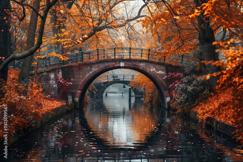 A serene autumn landscape showcasing a bridge over a calm waterway, surrounded by vibrant fall foliage. photo