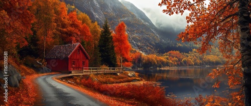 An Stock photo highlights the Red Covered Bridge in Fanconia, NH, surrounded by picturesque fall foliage, showcasing the scenic beauty of autumn photo