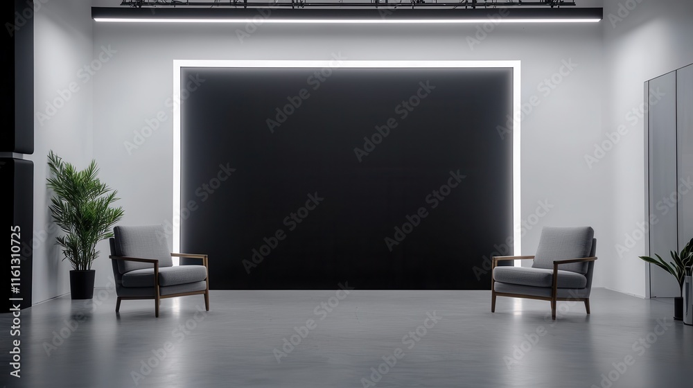A modern, minimalist space featuring two chairs, a large black wall illuminated by light, and a decorative plant, creating a serene atmosphere. A modern, minimalist space featuring two chairs, a large black wall illuminated by light, and a decorative plant, creating a serene atmosphere.