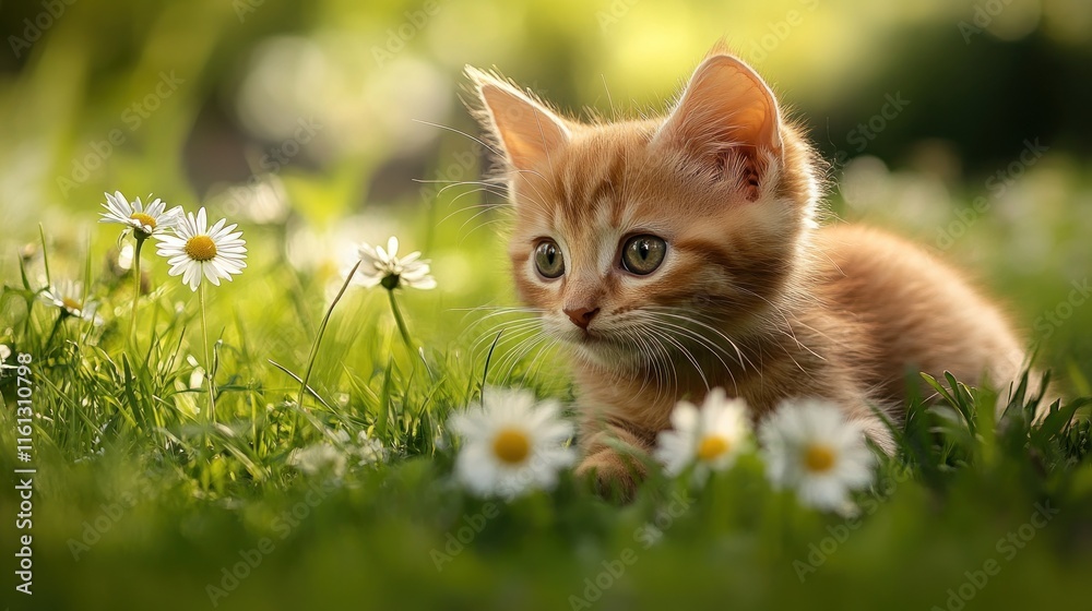 Cute ginger kitten in a field of daisies. Cute ginger kitten in a field of daisies.