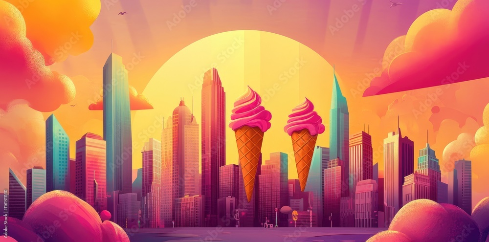 Sweet Cityscape Sunset Featuring Two Ice Cream Cones Sweet Cityscape Sunset Featuring Two Ice Cream Cones