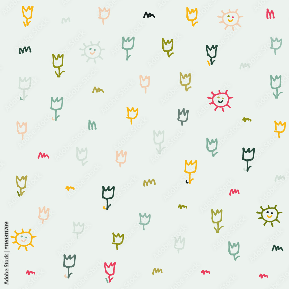 Vector Seamless Pattern with Doodle Spring Flowers, Sun Vector Seamless Pattern with Doodle Spring Flowers, Sun