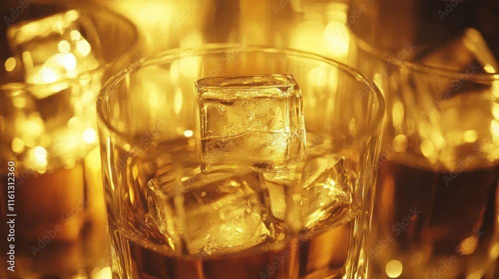Golden Hour Whiskey: A Luxurious Close-Up of Ice Cubes in Amber Liquid Golden Hour Whiskey: A Luxurious Close-Up of Ice Cubes in Amber Liquid