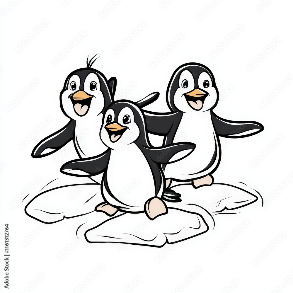Fototapeta premium Charming Scene of Three Playful Penguins Sliding on Frozen Icy Surface in a Bright White Arctic Environment Capturing the Spirit of Winter Wildlife