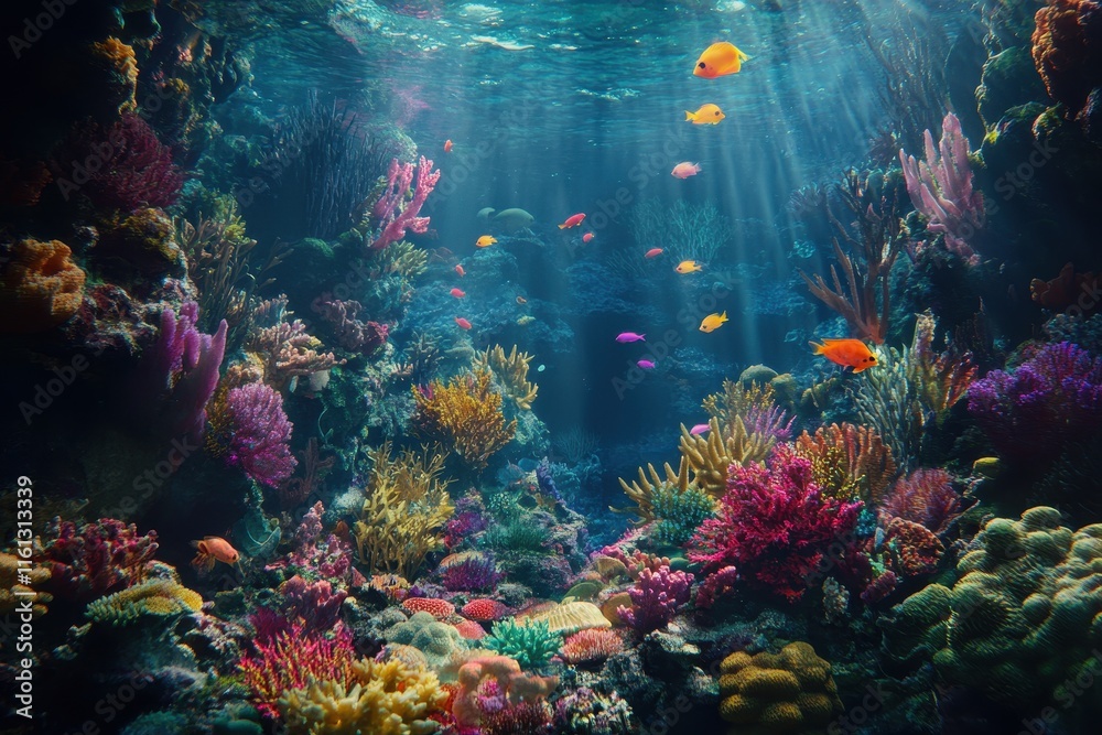 Naklejka premium An underwater landscape reveals a thriving coral reef filled with a variety of vivid marine plants and colorful fish swimming peacefully in sunlit waters.