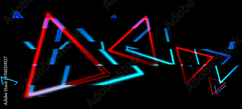 Cyberpunk glitch concept. Overlapping red and blue triangles against a black background. Triangles appear to be in motion, creating a sense of energy and depth.