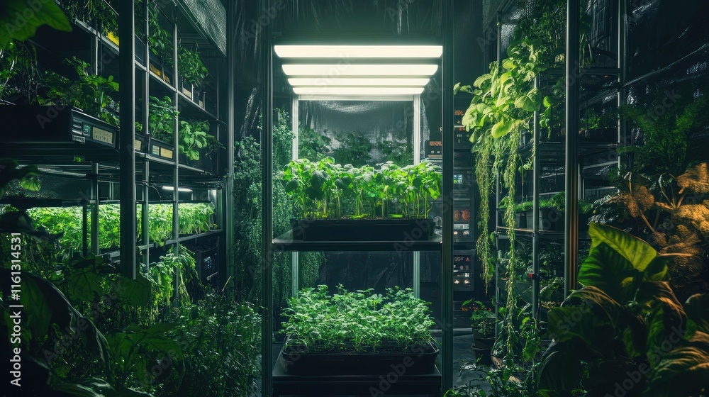 Lush indoor garden with plants, grow lights, and shelving. Lush indoor garden with plants, grow lights, and shelving.