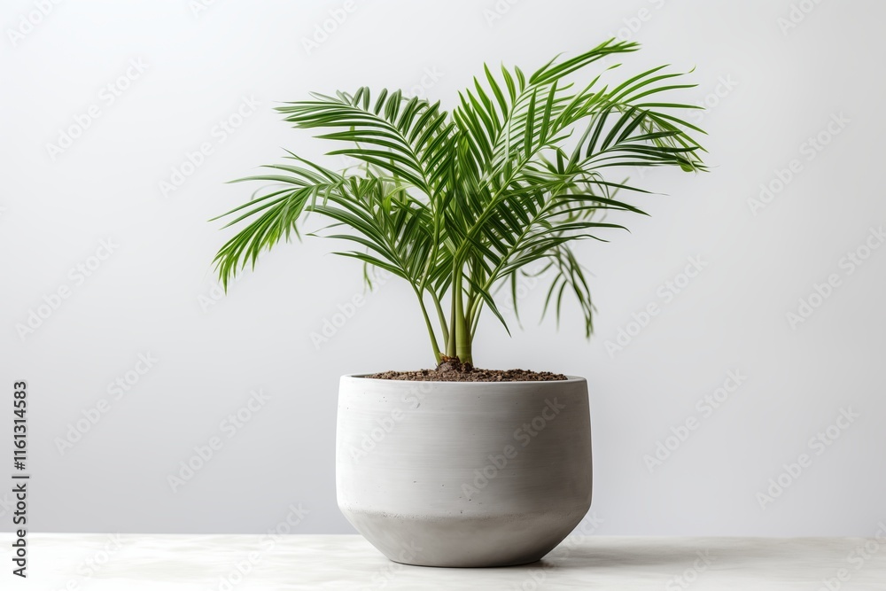 Obraz premium A vibrant green palm plant in a modern gray pot, perfect for enhancing indoor spaces with natural beauty.