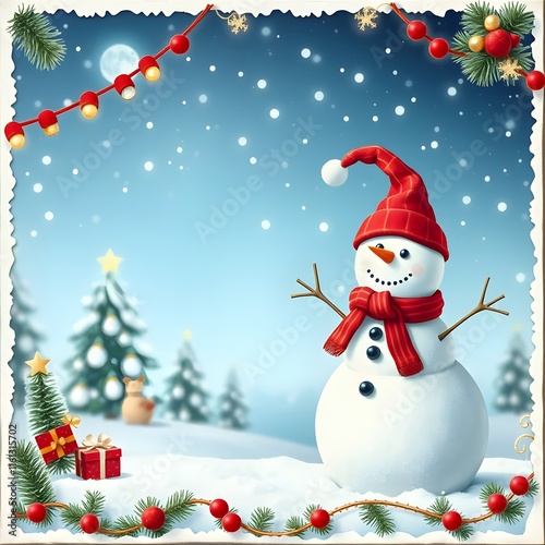 Cheerful snowman in winter attire standing festively beside decorated Christmas tree in snowy wonderland photo