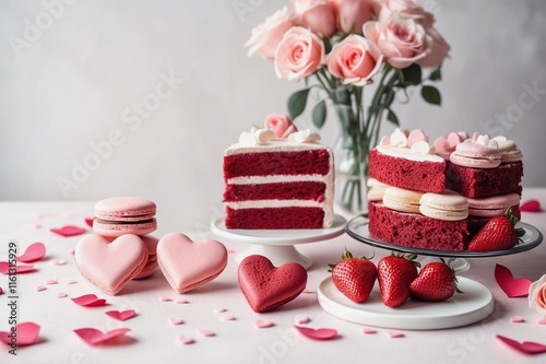 Valentine's day dessert with red velvet cake, heart shaped macarons, pink roses and strawberries photo