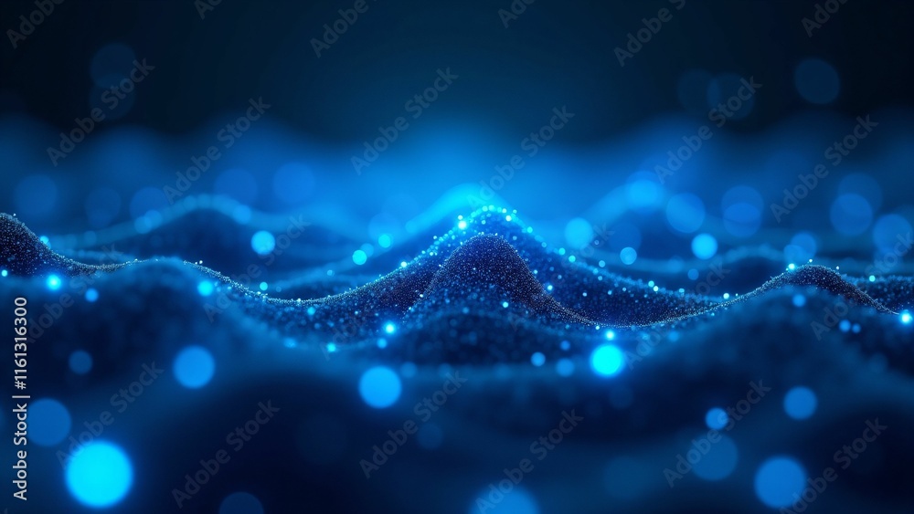Illuminating waves of blue light digital ocean abstract art deep space aerial view futuristic concept