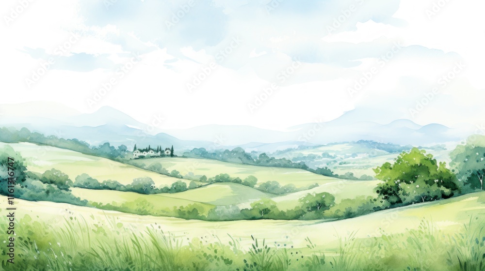Fototapeta premium Serene Watercolor Landscape: Rolling Hills and Distant Mountains