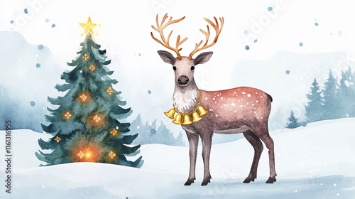 Christmas tree reunion concept. A festive reindeer stands by a decorated tree in a snowy winter scene.