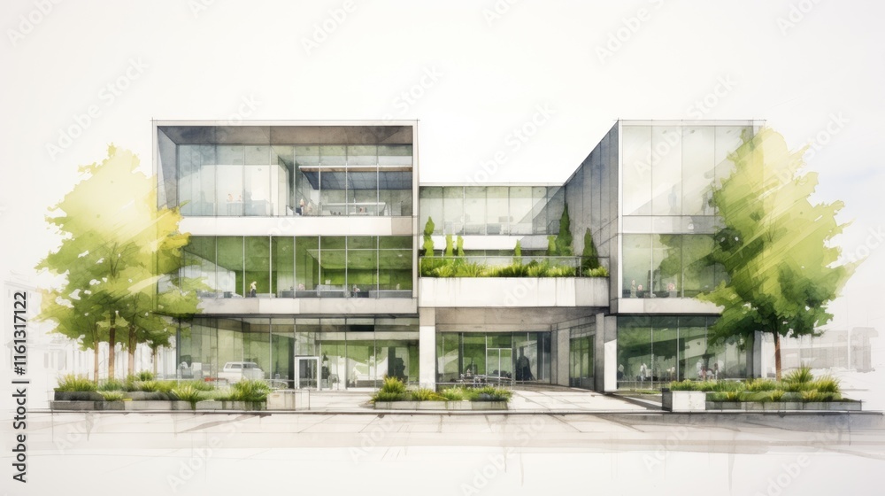 Fototapeta premium Modern Architectural Design: A Watercolor Rendering of a Contemporary Office Building