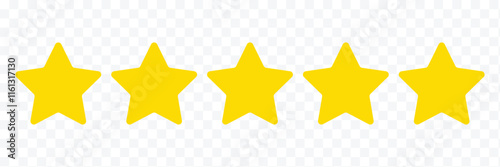 5 yellow stars icon. Five stars sign. Five star rating icon. Product review flat icon. Vector illustration.