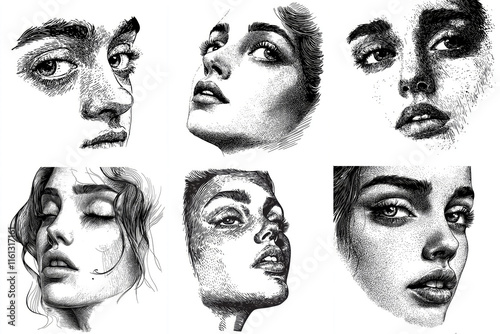 Vintage Engraved Woman Faces: A Collection of Portraits - Six monochrome engraved portraits of women, each with unique facial features and expressions.  Symbolizing beauty, artistry, timelessness, fem