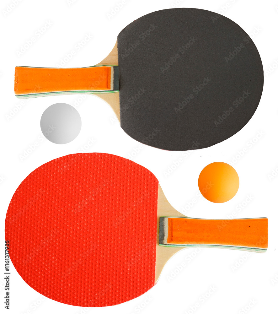 Fototapeta premium Set of rackets and ping pong ball isolated on transparent background. Table tennis game equipment. Front and back of the racket