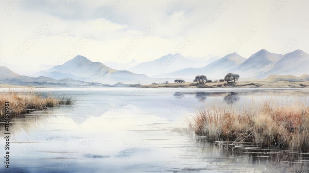 Fototapeta premium Serene Mountain Lake Reflection: A Misty Day in the Highlands