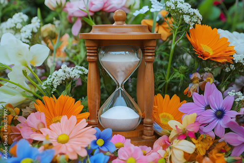 An hourglass surrounded by flowers, symbolizing the healing passage of time after loss photo