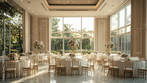 A spacious, elegant wedding hall with high ceilings, cream tones, open layout, garden views, natural light, decorated tables. Focus on guest faces.