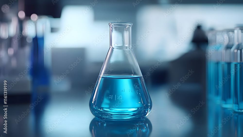 Close-up of a laboratory flask with blue liquid in modern lab Close-up of a laboratory flask with blue liquid in modern lab