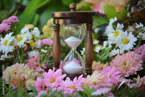 An hourglass surrounded by flowers, symbolizing the healing passage of time after loss