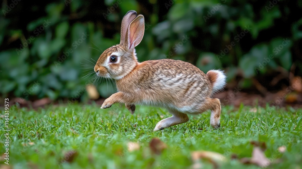 A rabbit hops gracefully across a lush green lawn in a serene outdoor setting. A rabbit hops gracefully across a lush green lawn in a serene outdoor setting.