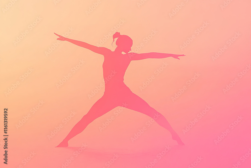 The image shows a silhouette of a person performing a yoga pose against a gradient background transitioning from yellow to pink The image shows a silhouette of a person performing a yoga pose against a gradient background transitioning from yellow to pink