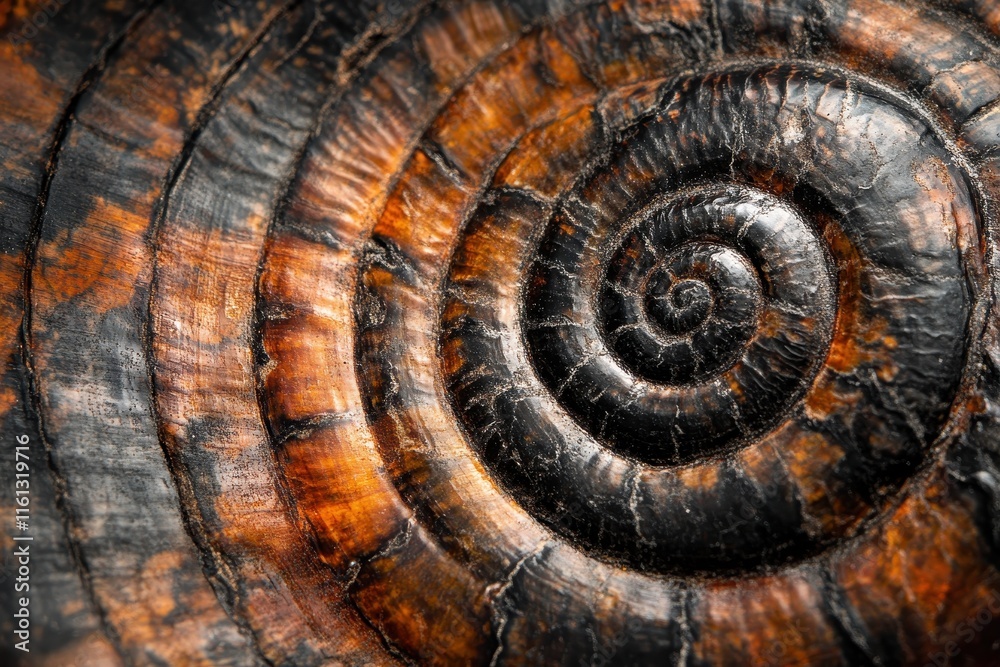 A close-up view reveals the detailed spiral pattern of a snail shell, highlighting its rich brown and black textures. The unique formation offers a stunning glimpse of natural design. A close-up view reveals the detailed spiral pattern of a snail shell, highlighting its rich brown and black textures. The unique formation offers a stunning glimpse of natural design.