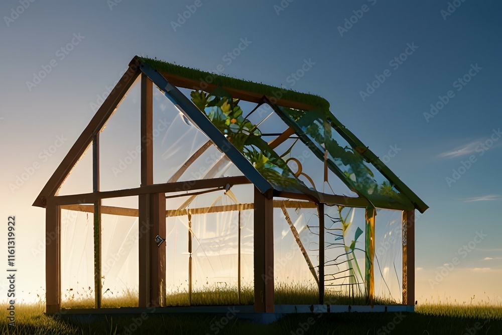 Obraz premium Family around green house with solar panels and wind turbine, vertical video 