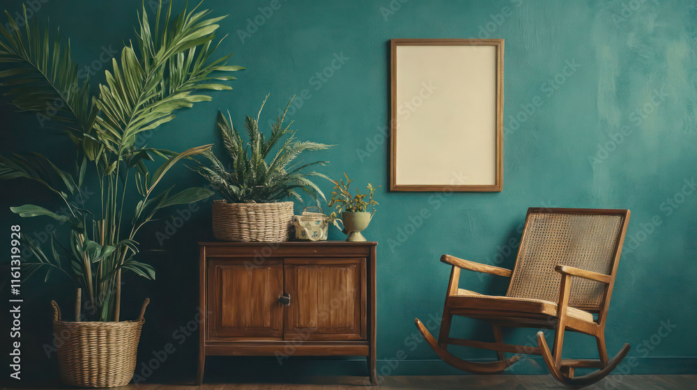 Fototapeta premium Stylish interior design of living room with wooden retro commode, chair, tropical plant in rattan pot, basket and elegant personal accessories. Mock up poster frame on the wall. Template. Home decor.