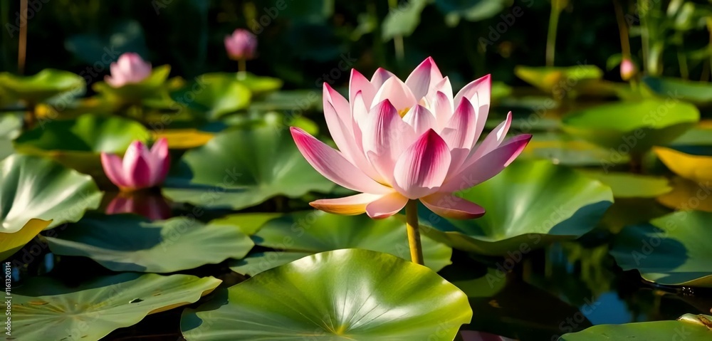 a lush lotus pond, a beautiful lotus flower in full bloom, detailed petals, serene water, natural lighting, vibrant colors, calming atmosphere, detailed textures, photo-realistic a lush lotus pond, a beautiful lotus flower in full bloom, detailed petals, serene water, natural lighting, vibrant colors, calming atmosphere, detailed textures, photo-realistic