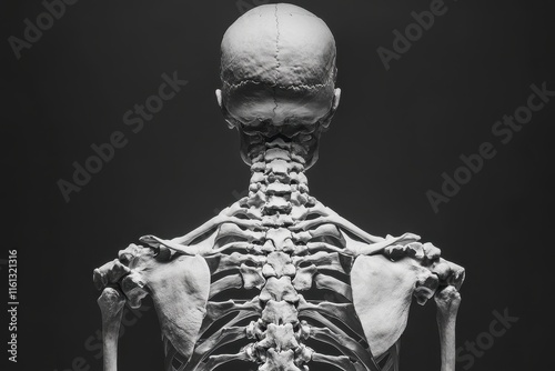 A human skeleton is depicted from the back, showcasing the spine and skull structure in monochrome. The intricate details of the bones emphasize anatomical features.