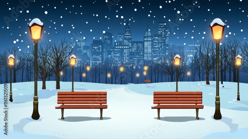 City winter park with snow-covered trees benches paths and lanterns against t...