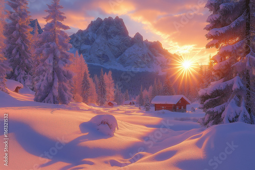 Photo réaliste professionnelle d’une montagne pittoresque avec des arbres saupoudrés de neige, un lever de soleil vibrant illuminant les sommets, et une douce nappe de brume dans la vallée.