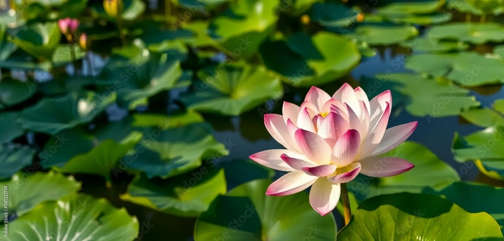 a lush lotus pond, a beautiful lotus flower in full bloom, detailed petals, serene water, natural lighting, vibrant colors, calming atmosphere, detailed textures, photo-realistic a lush lotus pond, a beautiful lotus flower in full bloom, detailed petals, serene water, natural lighting, vibrant colors, calming atmosphere, detailed textures, photo-realistic
