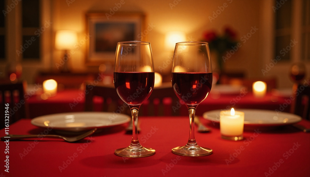 Elegant wine glasses on romantic dinner table setting Elegant wine glasses on romantic dinner table setting