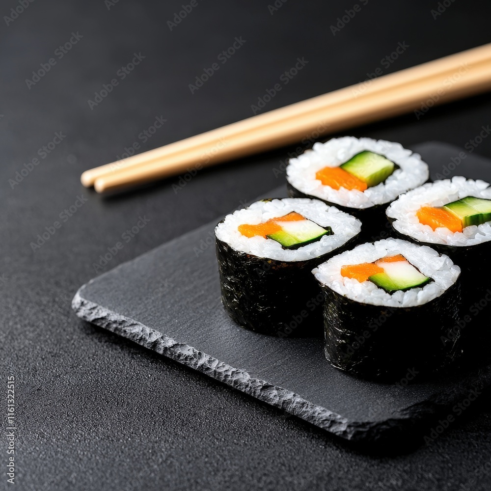 Elegant Presentation of Fresh Vegetable Sushi Rolls Artistically Arranged on a Black Slate Board Highlighting Culinary Creativity and Vibrant Colors Elegant Presentation of Fresh Vegetable Sushi Rolls Artistically Arranged on a Black Slate Board Highlighting Culinary Creativity and Vibrant Colors