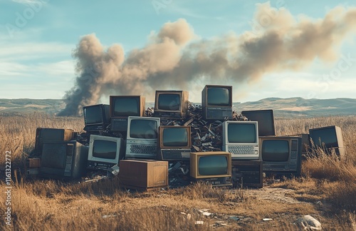 A Pile of Old Computer Monitors and Televisions Sits in the Recycling Yard photo