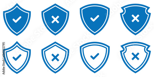 Shield icons with check and cross mark. Protection, security shield symbols collection. Shield vector icons set. Right mark, Check mark, Cross mark icon vector design. Set of security shield icons.