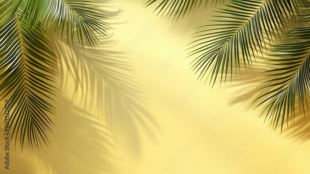 Fototapeta premium A bright yellow background with natural palm leaves casting soft shadows. Summer concept banner for product presentation.