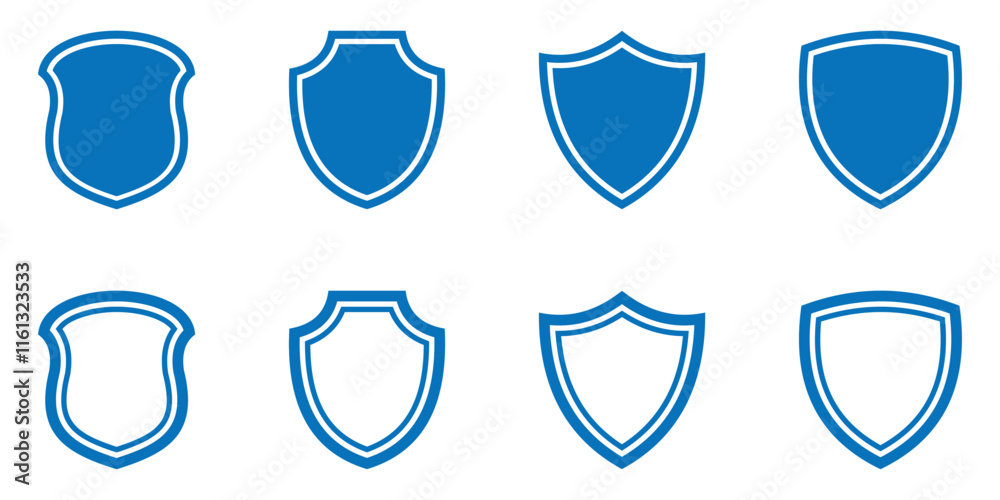 Blue security shield icon set. Blue shield icon in flat and outline style. Blue security shield icon set. Blue shield icon in flat and outline style.