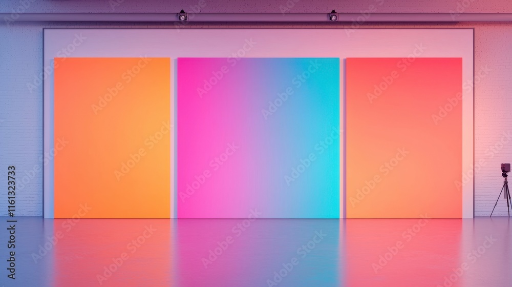 Fototapeta premium A minimalist gallery space featuring three large gradient panels in vibrant hues of pink, blue, and orange, creating a striking visual impact.
